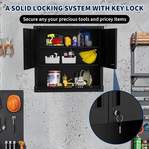 Vista 3 de Heavy Duty Steel Wall Cabinet with Lock, Hanging Storage Organizer with Adjustable Shelves, Rust-Resistant Metal Wall Mount Cabinet for Garage