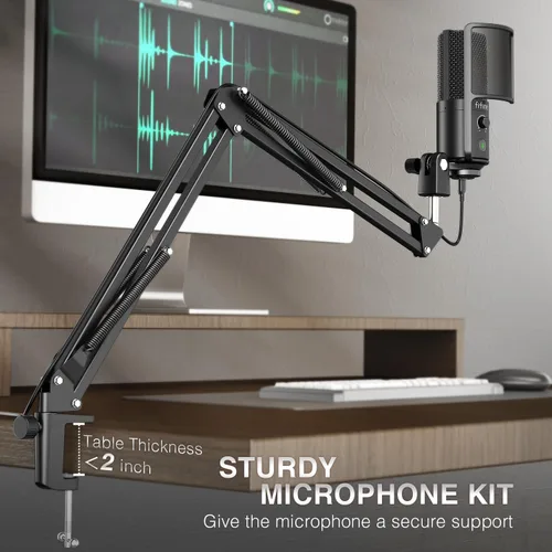 Vista 3 de FIFINE - Micrófono USB para podcast, micrófono condensador para PC con soporte de brazo extensible, botón de silencio, kit de micrófono Plug & Play