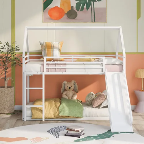 Vista 4 de Harper & Bright Designs Cama Litera Casa con Tobogán, Cama Litera Doble sobre Doble con Techo y Barandillas, Cama Litera Doble sobre Doble de Metal