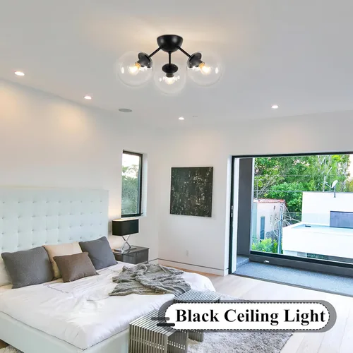 Vista 3 de Bagood Lámpara de techo semiempotrada moderna de mediados de siglo, 3 luces de cristal transparente, lámpara de techo moderna de globo negro mate