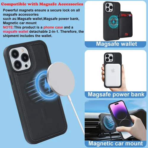 Vista 3 de Havaya Magsafe - Funda tipo cartera para iPhone 14 Pro Max, compatible con tarjetero para mujeres y hombres, 2 en 1, desmontable, magnética, a