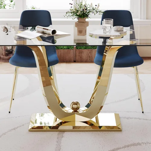 Vista 8 de Mesa de comedor de vidrio de 70 pulgadas para 4-8 personas, parte superior de vidrio templado y base de acero inoxidable en U dorada, escritorio