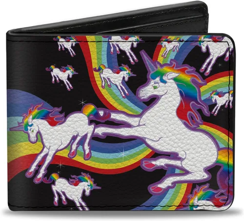 Buckle-Down Billetera para hombre, plegable, unicornios arcoíris remolino negro, cuero vegano, 4.0 x 3.5 pulgadas, color fantasía (Unicorns),