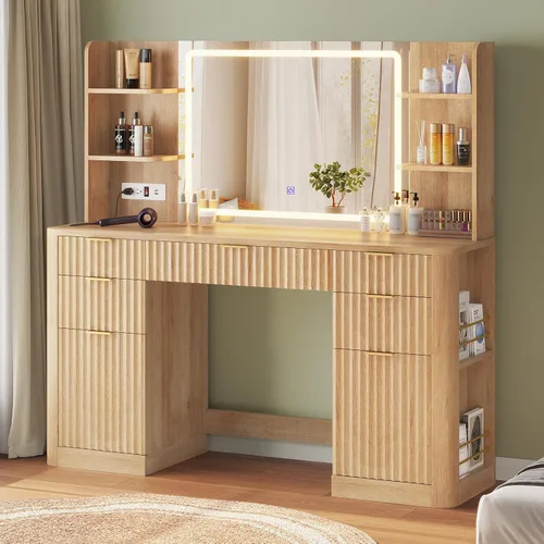 Vista 8 de HAUOMS - Escritorio de maquillaje estriado de 51.2" con espejo grande de 30.3" y luces, tocador con 5 cajones con regleta de enchufes, 6 estantes