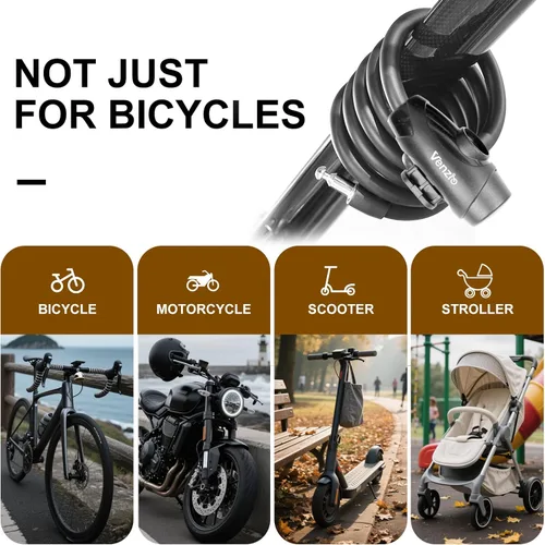 Vista 7 de Venzio Cable antirrobo resistente de 4 pies, cable de bloqueo de bicicleta con 2 llaves y soporte de montaje, cable de acero en espiral de 1/2