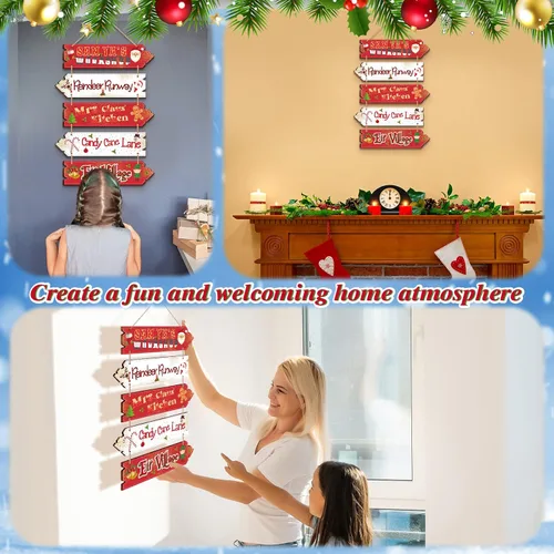 Vista 7 de Roowest Letrero colgante de madera de Navidad, decoración de taller de Papá Noel, diseño rústico direccional de flecha de jengibre, decoración