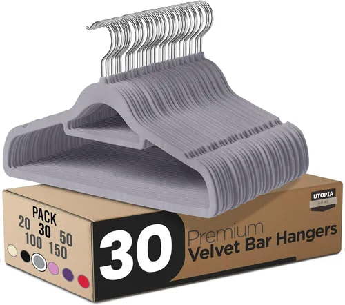 Vista 17 de Utopia Home Perchas de terciopelo de alta calidad, paquete de 20 – Percha antideslizante con barra de amarre – Perchas negras con gancho giratorio