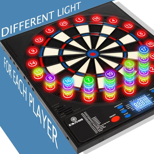 Vista 2 de Diana electrónica Ekaronis con 34 juegos, 355 variaciones con 12 dardos, diana iluminada, almacenamiento para 12 dardos