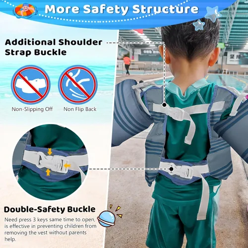 Vista 4 de Vvinca Toddler Swim Vest for 22-66 Lbs (2-6 Years) - 3-in-1 Kids Pool Floaties with Removable Arm Bands and Back Float, Adjustable Safety Swim
