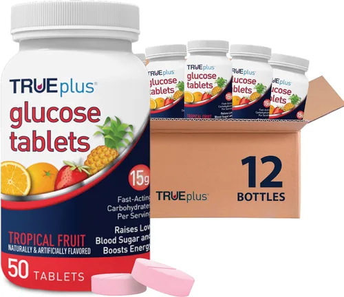 Vista 8 de TRUEplus Tabletas de Glucosa, Sabor Variado (Uva, Frambuesa, Naranja) - Caja de 50 unidades con 12 Botellas