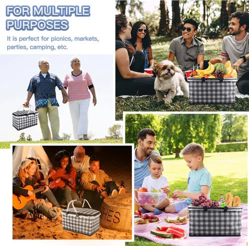 Vista 7 de Cesta de picnic aislada, bolsa enfriadora plegable, cesta de comestibles de 32 litros con tapa, 2 asas resistentes, cesta de almacenamiento