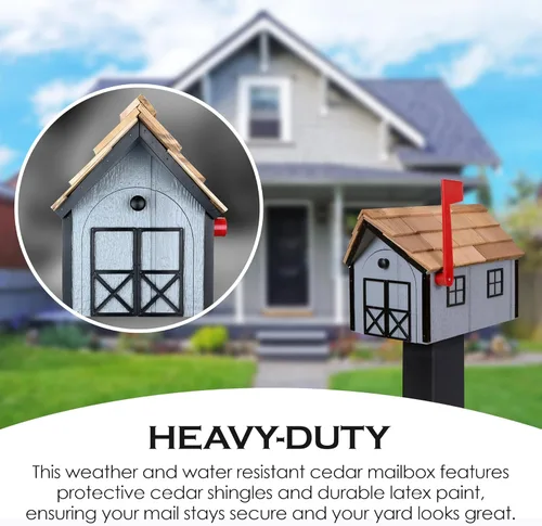 Vista 5 de Buzón de madera estilo «amish» con techo de cedro de Peaceful Classics con ventana y molduras de puerta, buzones artesanales para exterior, buzones