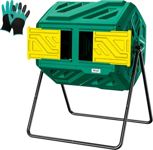 Contenedor de compostaje de 43 galones con guantes, montaje rápido y fácil instalación, vaso de abono para exteriores, compostador de doble cámara