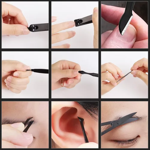 Vista 7 de Cortaúñas profesional de acero inoxidable, kit de viaje y aseo para uñas, herramientas de manicura y pedicura, juego de 18 piezas con estuche