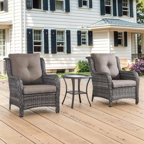 Vista 2 de Belord Mesa auxiliar pequeña para exteriores, mesa de mimbre de vidrio templado, mesa de centro impermeable para patio, mesa auxiliar de ratán