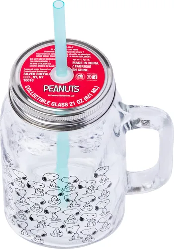 Vista 3 de Silver Buffalo Peanuts Snoopy - Tarro de cristal con tapa y pajita, 21 onzas