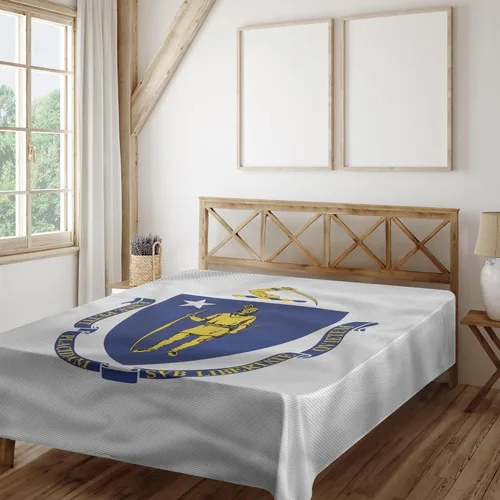 Vista 2 de Lunarable American Flat Sheet, Massachusetts Flagg Holds a Bow and Pointing Downward Arrow, Soft and Comfortable Top Sheet Decorative Bedding 1