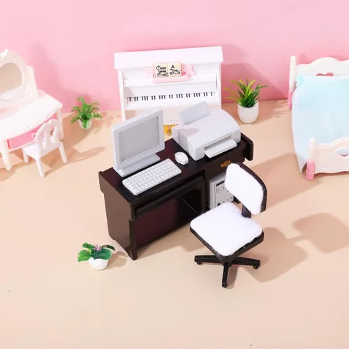 Vista 9 de NUOBESTY Juego de muebles de oficina para casa de muñecas, silla de escritorio en miniatura, impresora de computadora, accesorios de teclado