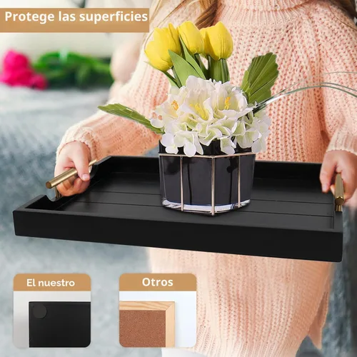 Vista 4 de SXNOWS Bandejas de mesa auxiliar, bandeja otomana grande para sala de estar, bandeja de madera para servir con 2 juegos de asas, bandeja de madera