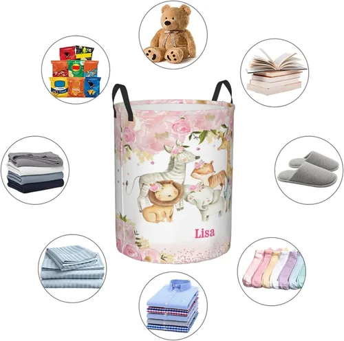 Vista 5 de Cesta de lavandería personalizada con diseño de jirafa, león y flores rosadas, con asas, impermeable, para decoración de dormitorio y baño.
