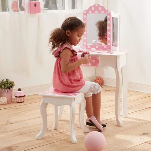 Vista 7 de Teamson Kids Princesa Gisele con estampado de lunares, juego de tocador de juguete de 2 piezas para niños, con mesa de tocador, espejo triple