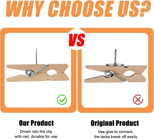 Vista 2 de 50 piezas de chinchetas con clips de madera, chinchetas de madera duraderas, chinchetas decorativas, tachuelas para tablero de corcho, obras