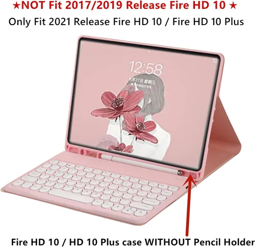 Vista 2 de Funda de teclado para Fire HD 10 Plus/HD 10 (solo para 11ª generación, versión 2021) Linda funda de teclado de color de clave redonda inalámbrica