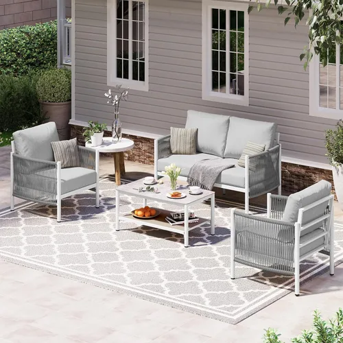 Vista 14 de Sofá de dos plazas de aluminio para patio exterior, sofá de patio de cuerda HDPE con cojín grueso lavable, muebles de patio para todo tipo de clima