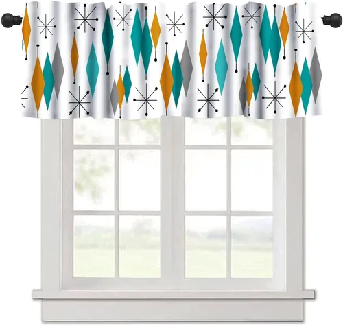 Vista 29 de Cenefa de cortina geométrica para ventanas, cenefa moderna con bolsillo para barra, 1 panel, cortinas cortas abstractas para playa, cortinas cortas