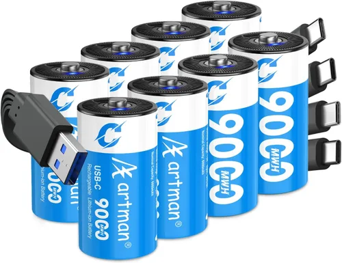 Vista 8 de Artman - Paquete de 4 baterías recargables de litio C, baterías de celda C de 1.5 V con cable de carga USB-C 2 en 1, batería de iones de litio C