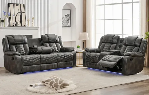 Vista 11 de Juego de sofá reclinable manual con cargador inalámbrico para sala de estar, sofá reclinable de cuero de 3 plazas y sofá biplaza con altavoces