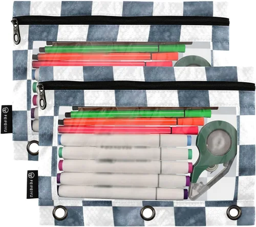 Vista 2 de Bolsas para carpetas, bolsa para lápices de tablero de ajedrez de mármol gris para carpeta de 3 anillos, paquete de 2 bolsas transparentes
