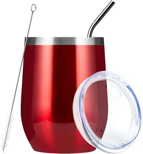 Vista 35 de MEWAY Vaso de vino sin tallo de 12 onzas con tapa, vaso de viaje de acero inoxidable con aislamiento de doble pared al vacío con popote, para Negro