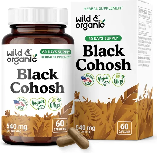 Wild & Organic Cápsulas de cohosh negro de 540 mg - Suplementos de menopausia para mujeres - Suplemento de raíz de cohosh negro - Hierba Actaea