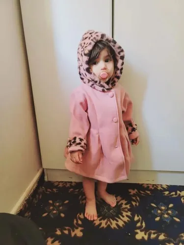 Vista 5 de Eghunooy Chaqueta de forro polar para bebé niña, manga larga, con botones, leopardo, con capucha, mezcla de lana, ropa de abrigo