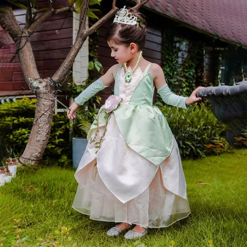 Vista 4 de Vestido de princesa de Tiana para niñas, rana de hada verde, para fiesta de cumpleaños, Halloween, disfraz de elfo con accesorios (7-8T)
