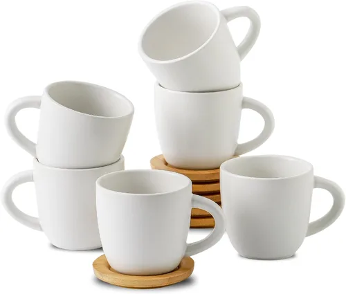 Vista 18 de Juego de 6 tazas de café expreso y platillos de Hasense, tazas demitasses con asa para bebidas de café, café con leche, capuchino, café moca y té