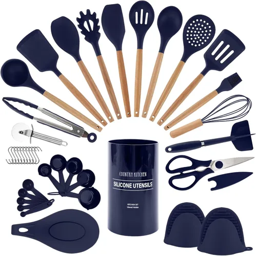 Vista 10 de Country Kitchen Juego de utensilios de silicona antiadherente con asas redondeadas de madera para cocinar y hornear, juego de 8 piezas, caqui
