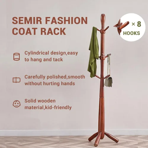 Vista 5 de SEMIR Freestanding Coat Rack, Wooden Coat Tree with 8 Hooks for Handbag and Hat, Sturdy Coat Rack Stand for Bedroom, Office, Entryway, Hallway