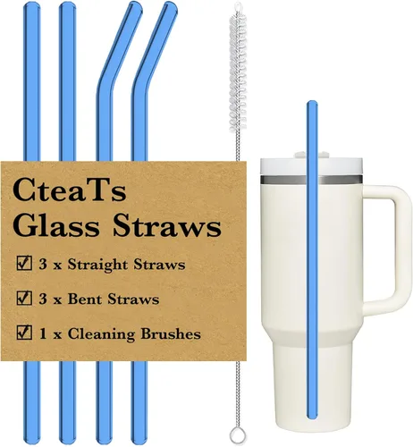 Popote de Repuesto Compatible con Vasos Stanley de 40 oz, 4 Piezas Popotes Reutilizables con Cepillo de Limpieza, Popote Largo de Vidrio para Azul