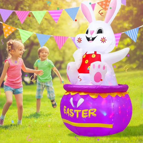 Vista 7 de Conejito de Pascua inflable de 5 pies para decoración al aire libre, luces LED integradas, bonito huevo de conejo de Pascua inflable para decoración