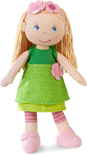 Vista 12 de HABA Cari - Muñeca de bebé negra de 12 pulgadas con coletas negras, cara bordada, vestido verde extraíble, lavable a máquina, muñeca de bebé suave