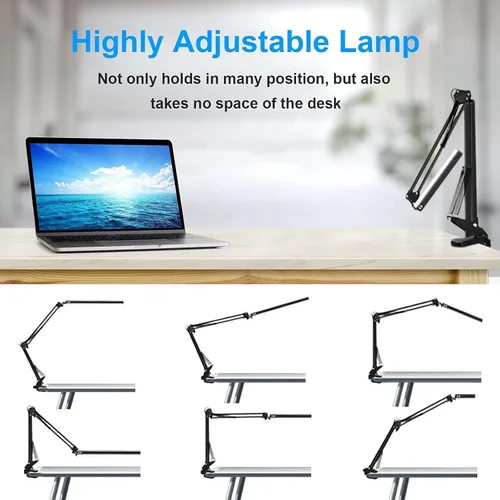 Vista 3 de Lámpara de escritorio LED, ajustable para el cuidado de los ojos con abrazadera, lámpara de brazo ajustable incluye 3 modos de color, 10 niveles