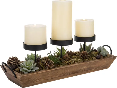 MyGift Soporte para velas de metal negro de 3 pilares con bandeja de madera rústica y asas, pieza central para mesa/chimenea