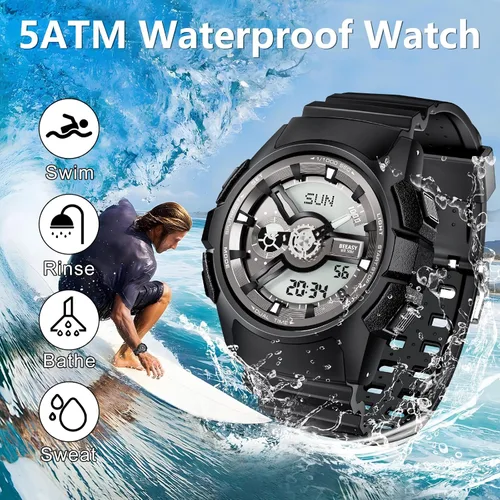 Vista 6 de Beeasy Waterproof Mens Watches Sports Ourdoor, Military Watch Multi Function Stopwatch/4 Alarms/Countdown/Dual Time, Analog-Digital Synchronised