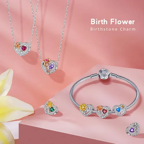 Vista 5 de Dije de flor de nacimiento para pandora, pulseras, collar, plata de ley 925, dije de amor, cumpleaños, día de la madre, Navidad, regalos