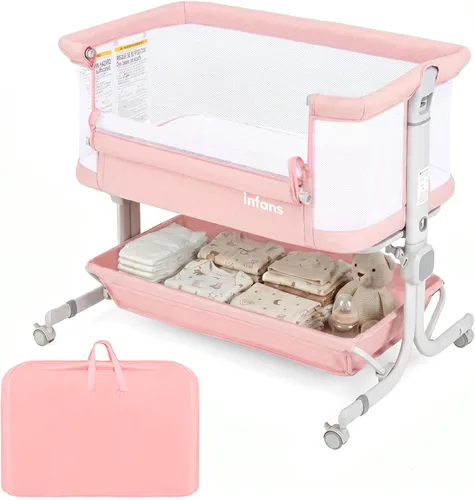 Vista 11 de INFANS Cuna de bebé 3 en 1, cama de noche con colchón cómodo, ruedas, 6 altura ajustable, cesta de almacenamiento, bolsa de viaje, cuna portátil