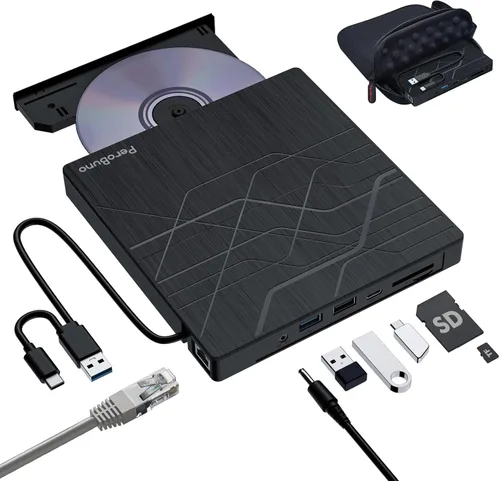 Vista 10 de PeroBuno Unidad externa de CD DVD, unidad óptica USB 3.0 tipo C, lector de discos CD ROM DVD ultradelgado de 0.5 pulgadas, portátil