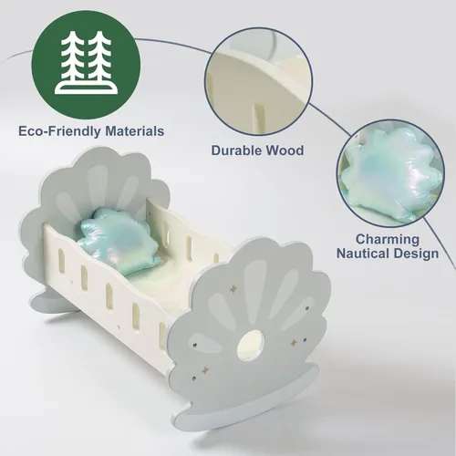 Vista 7 de ROBOTIME Cuna Mecedora de Madera para Muñecas, Juguetes de Cama para Muñecas de Niña, Cuna de Juguete para Muñecas de Bebé, Cuna para Muñecas de Azul