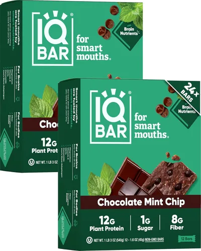 Vista 12 de IQBAR - Barras de proteínas para el cerebro y el cuerpo a base de plantas - Chips de mantequilla de almendra - 12 unidades - Keto, veganas, bajas